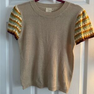 Dreamers Tan Sweater with Multicolor Striped Sleeves